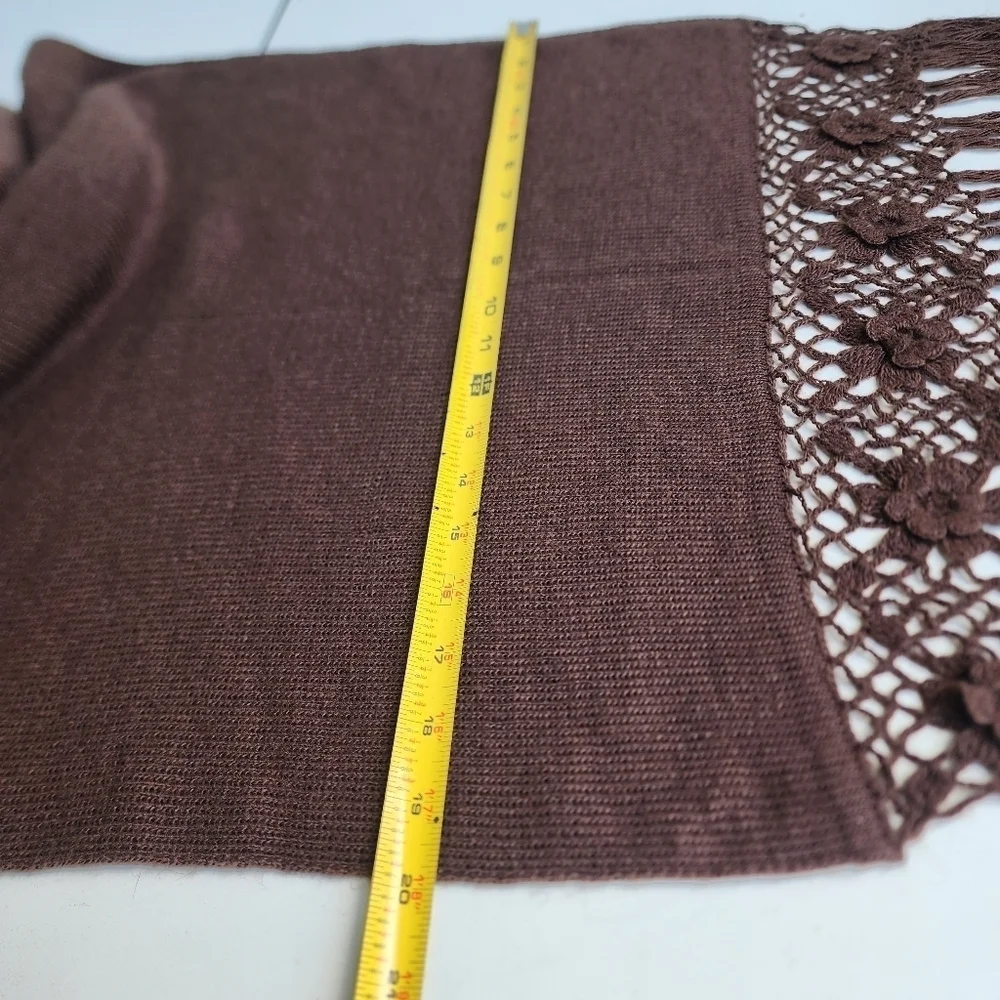 Neck Scarf Wrap Hand Crochet Cozy Brown Flowers Knit Detail Fringe 86